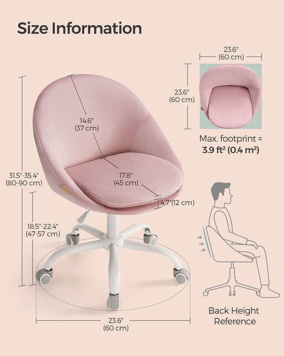 Image of a Modern Velvet Office Chair With Wheels. This is pink with white swivel wheels.