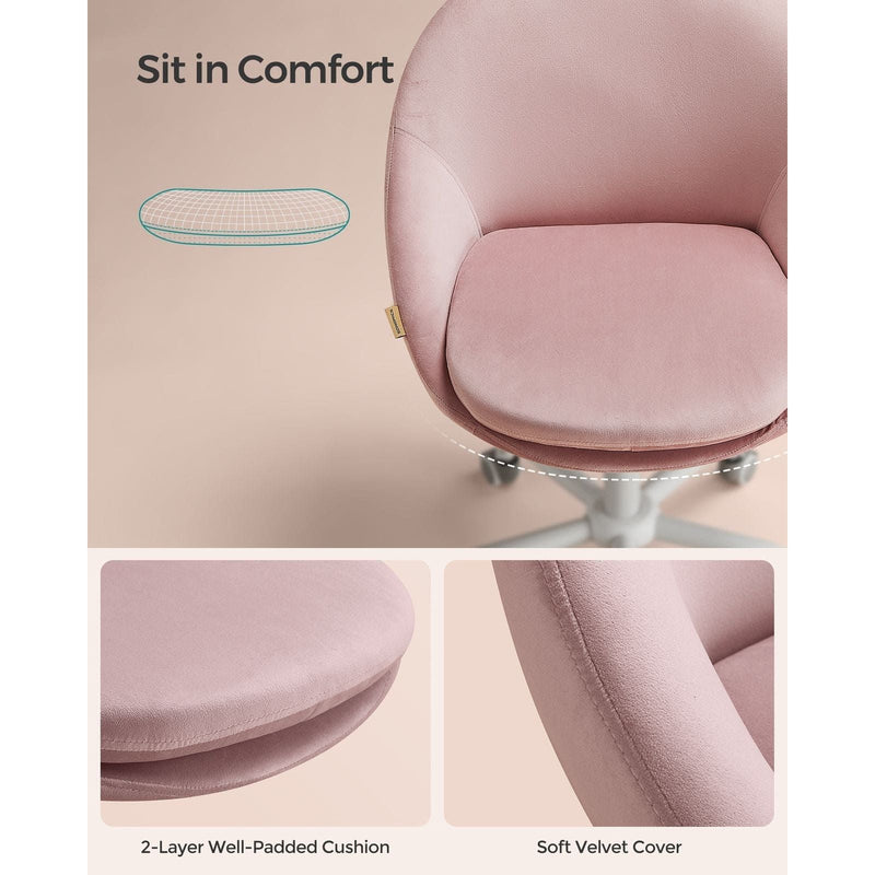 Image of a Modern Velvet Office Chair With Wheels. This is pink with white swivel wheels.
