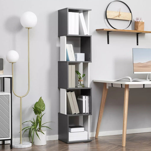 Image of a Modern Tall Narrow 5 Tier Freestanding Cube Bookcase The 2-tone wood designed makes this a trendy piece of furniture. It's thin width makes it ideal for small rooms.