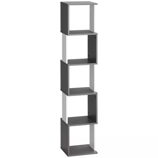 Image of a Modern Tall Narrow 5 Tier Freestanding Cube Bookcase The 2-tone wood designed makes this a trendy piece of furniture. It's thin width makes it ideal for small rooms.