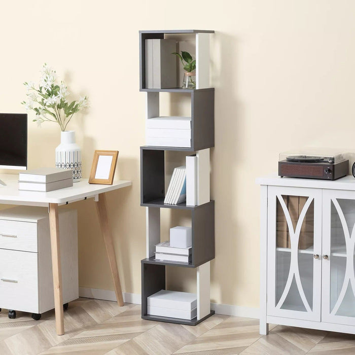 Image of a Modern Tall Narrow 5 Tier Freestanding Cube Bookcase The 2-tone wood designed makes this a trendy piece of furniture. It's thin width makes it ideal for small rooms.