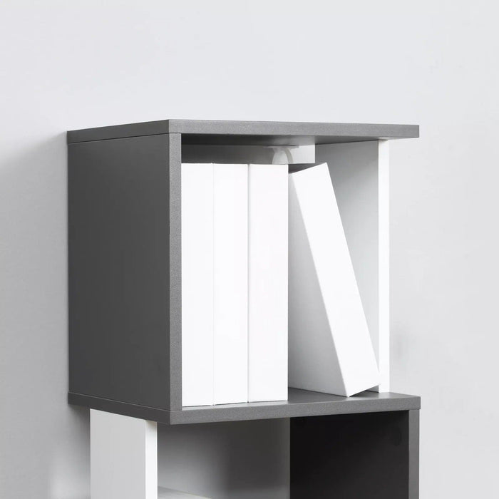 Image of a Modern Tall Narrow 5 Tier Freestanding Cube Bookcase The 2-tone wood designed makes this a trendy piece of furniture. It's thin width makes it ideal for small rooms.