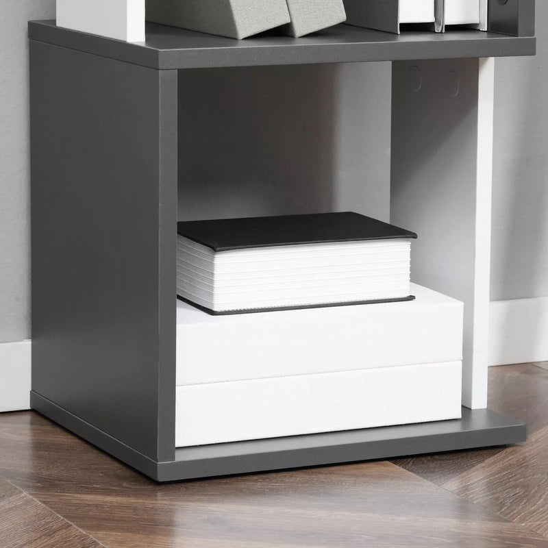 Image of a Modern Tall Narrow 5 Tier Freestanding Cube Bookcase The 2-tone wood designed makes this a trendy piece of furniture. It's thin width makes it ideal for small rooms.