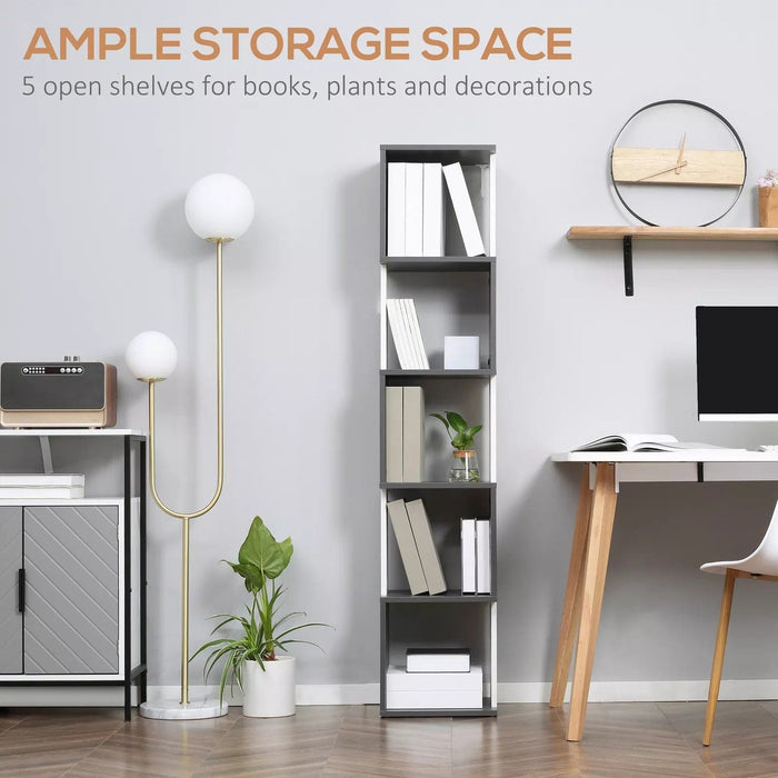 Image of a Modern Tall Narrow 5 Tier Freestanding Cube Bookcase The 2-tone wood designed makes this a trendy piece of furniture. It's thin width makes it ideal for small rooms.