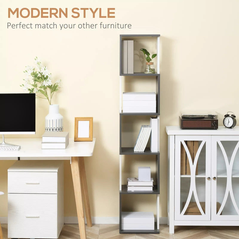 Image of a Modern Tall Narrow 5 Tier Freestanding Cube Bookcase The 2-tone wood designed makes this a trendy piece of furniture. It's thin width makes it ideal for small rooms.