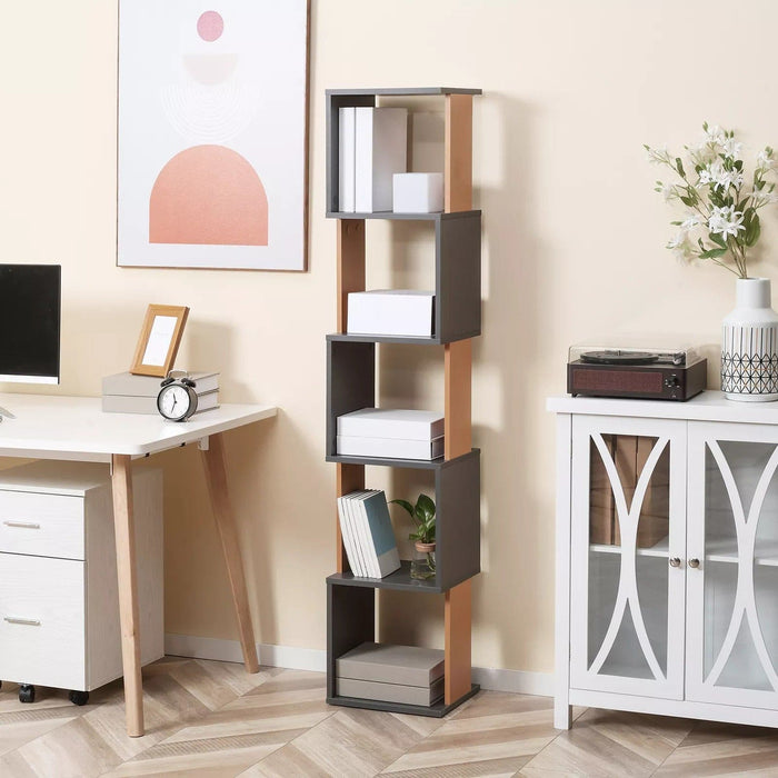 Image of a Modern Tall Narrow 5 Tier Freestanding Cube Bookshelf. The 2-tone wood designed makes this a trendy piece of furniture. It's thin width makes it ideal for small rooms.