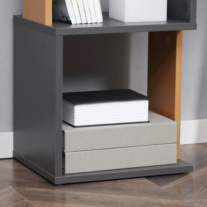 Image of a Modern Tall Narrow 5 Tier Freestanding Cube Bookshelf. The 2-tone wood designed makes this a trendy piece of furniture. It's thin width makes it ideal for small rooms.