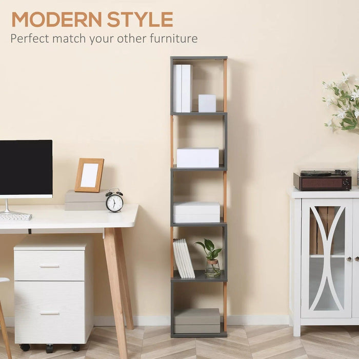 Image of a Modern Tall Narrow 5 Tier Freestanding Cube Bookshelf. The 2-tone wood designed makes this a trendy piece of furniture. It's thin width makes it ideal for small rooms.