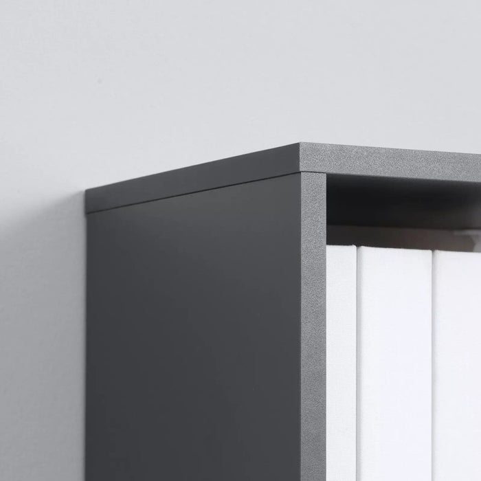 Image of a Modern Tall Narrow 5 Tier Freestanding Cube Bookshelf. The 2-tone wood designed makes this a trendy piece of furniture. It's thin width makes it ideal for small rooms.