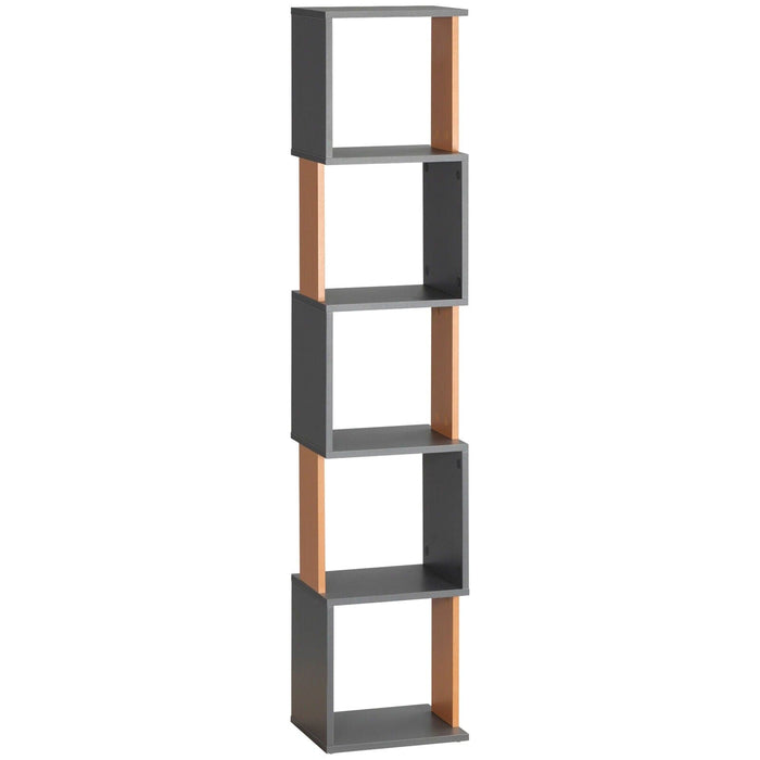 Image of a Modern Tall Narrow 5 Tier Freestanding Cube Bookshelf. The 2-tone wood designed makes this a trendy piece of furniture. It's thin width makes it ideal for small rooms.