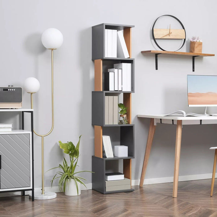 Image of a Modern Tall Narrow 5 Tier Freestanding Cube Bookshelf. The 2-tone wood designed makes this a trendy piece of furniture. It's thin width makes it ideal for small rooms.