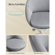 Image of a Modern Velvet Office Chair With Wheels. This is grey with white swivel wheels.