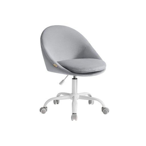 Image of a Modern Velvet Office Chair With Wheels. This is grey with white swivel wheels.