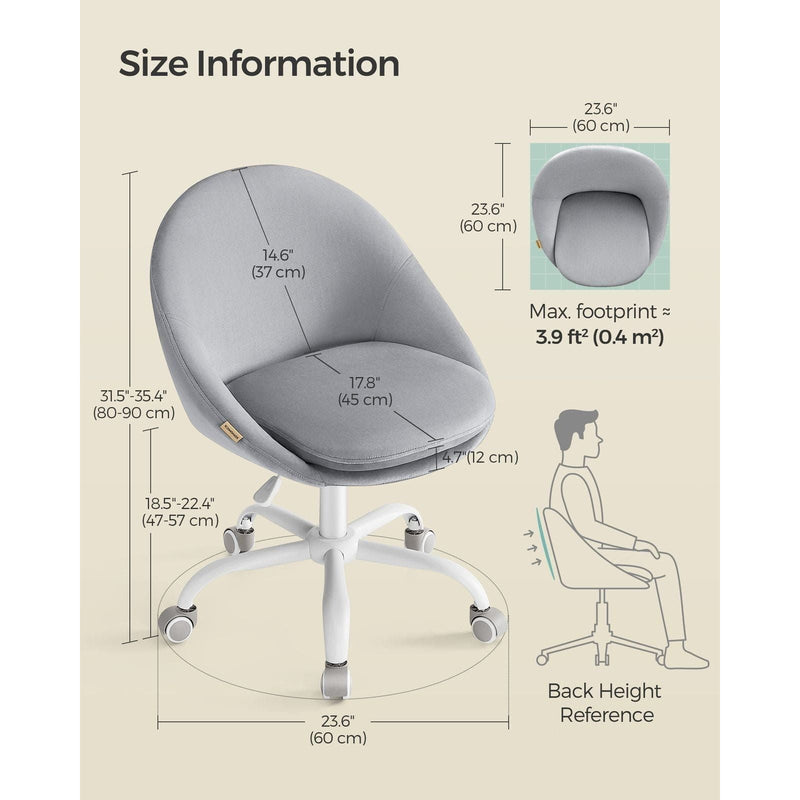 Image of a Modern Velvet Office Chair With Wheels. This is grey with white swivel wheels.