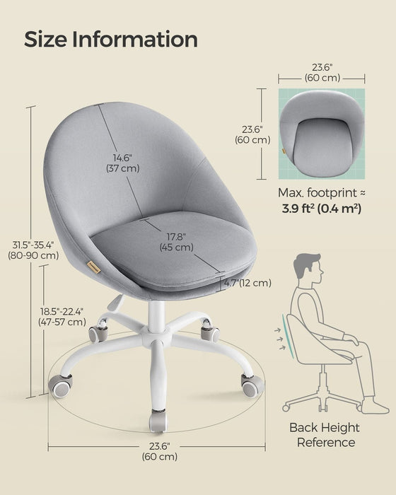 Image of a Modern Velvet Office Chair With Wheels. This is grey with white swivel wheels.