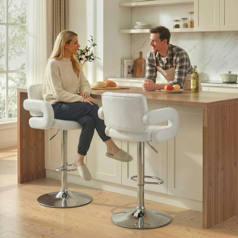 Modern adjustable Bar Stools with Backs and Padded Armrests for Kitchen Island or Breakfast Bar Set of 2 White.