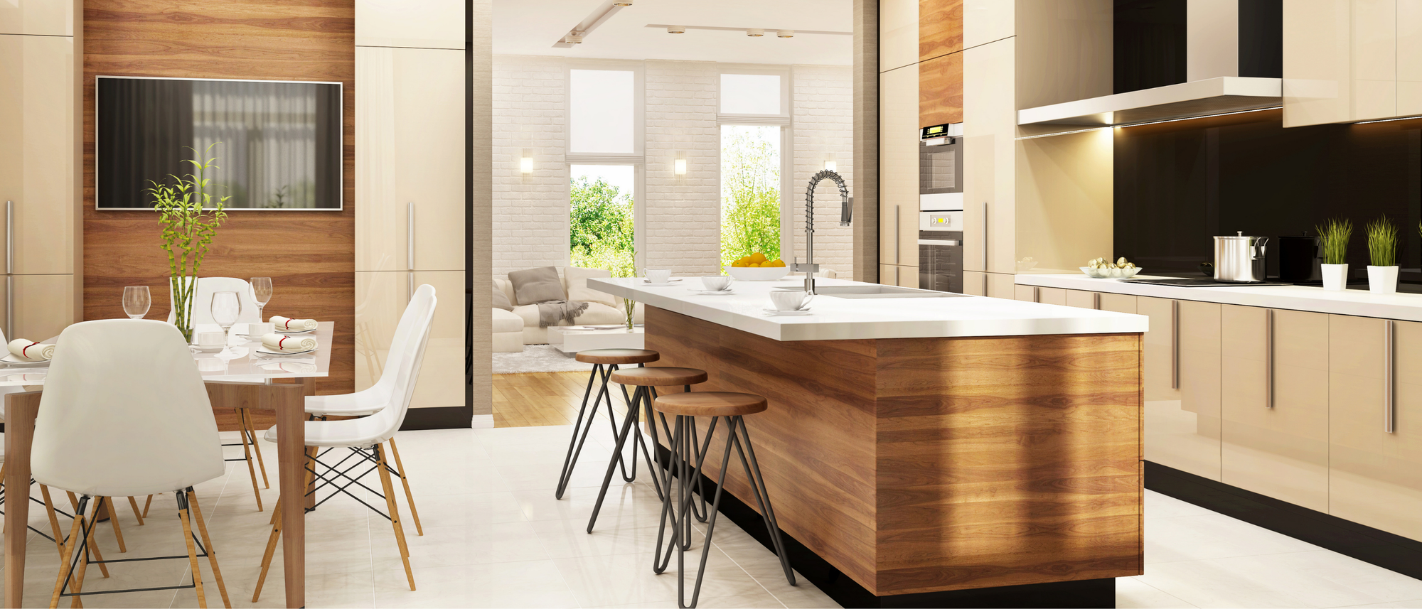 Modern kitchen with island, dining table, and kitchen appliances.