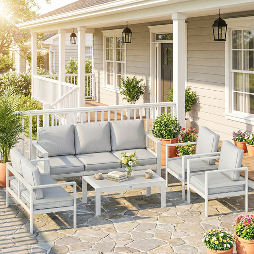 Modular Garden Furniture Set with Deep Cushions for All Weather Relaxing, White & Light Grey