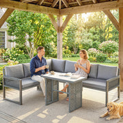 Modular Rattan Patio Furniture Set with Washable Cushions and Glass Table, Grey