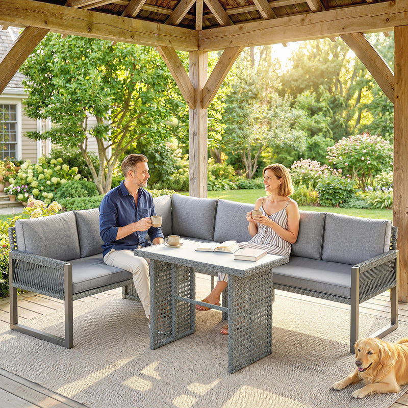 Modular Rattan Patio Furniture Set with Washable Cushions and Glass Table, Grey