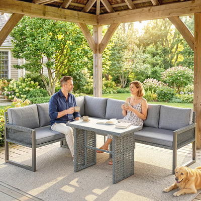 Modular Rattan Patio Furniture Set with Washable Cushions and Glass Table, Grey
