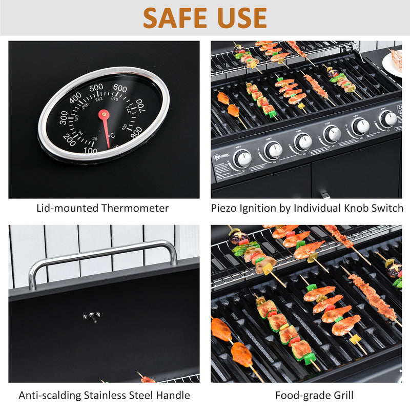 6 Burner Gas BBQ Grill with Side Burner - Thermometer and Storage Shelf for Outdoor Cooking Grey Outsunny