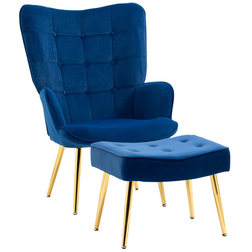 Velvet Wingback Armchair with Footstool for Living Room or Bedroom Steel Legs Dark Blue