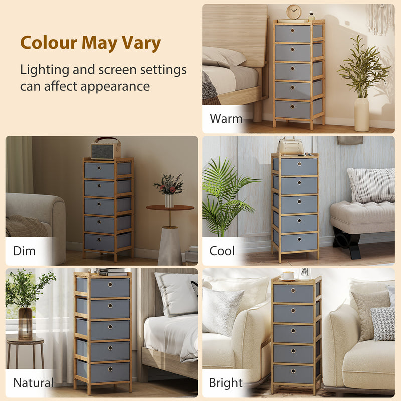 Slim Chest of Drawers for Small Bedrooms with Five Fabric Storage Drawers Natural AOSOM