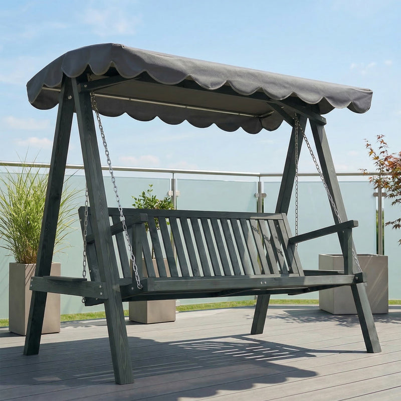 Grey Wooden Garden Swing Chair for 3 Adults with Canopy for Shade and Comfort Outsunny