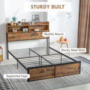 Industrial Double Bed Frame with Storage Headboard and Slatted Base for Adults Rustic Brown