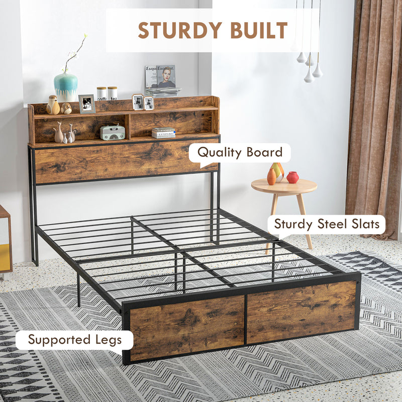 Industrial Double Bed Frame with Storage Headboard and Slatted Base for Adults Rustic Brown