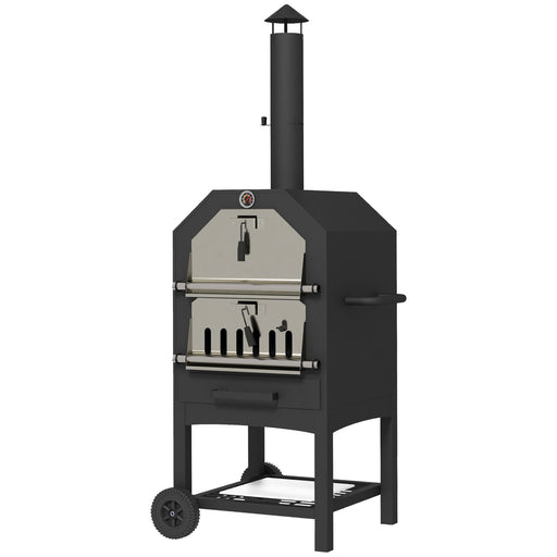 Black Steel 3 Tier Outdoor Pizza Oven and Charcoal BBQ Grill for Garden Entertaining