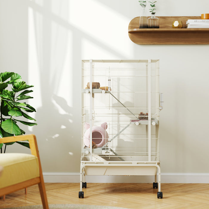4 Level Rolling Small Animal Cage With Ramps Water Bottle and Deep Tray Beige by PawHut