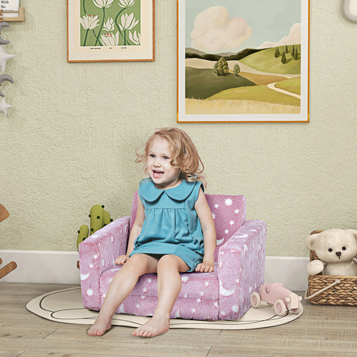 2 in 1 Kids Folding Bed Chair with Washable Cushion Glow in the Dark Design, Pink