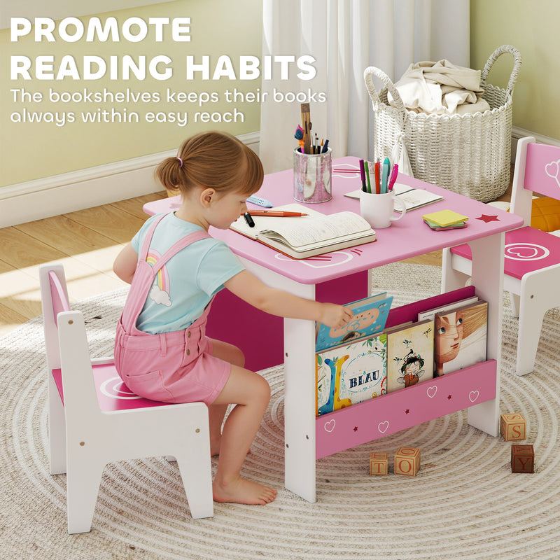 3 Piece Kids Table and Chair Set With Storage Shelves For Playroom Or Nursery Pink AOSOM