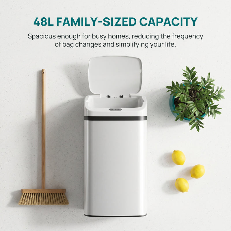 Sensor Kitchen Bin 48L Hands Free Waste Disposal with Soft Close Lid White Homcom