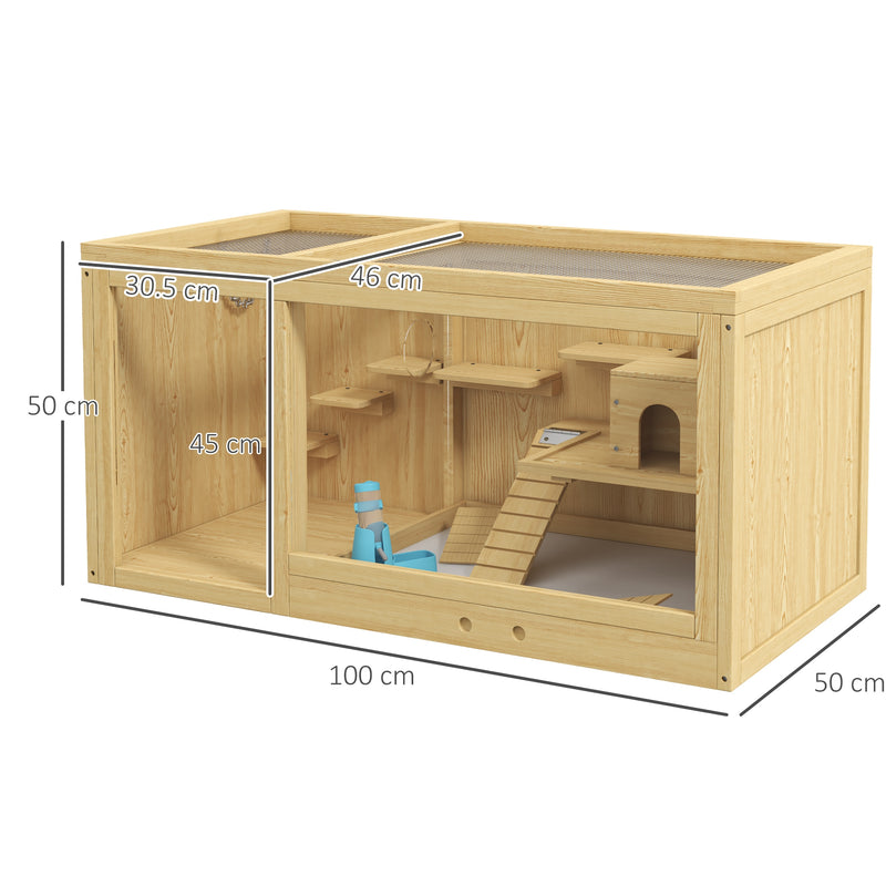 Wooden Hamster Cage with Water Bottle Platforms Openable Roof Sliding Tray and Seesaws by PawHut