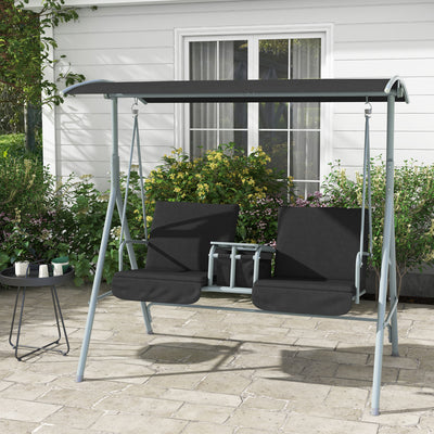 2 Seater Garden Swing Chair With Tilting Canopy Double Padded Seats And Side Tray Black