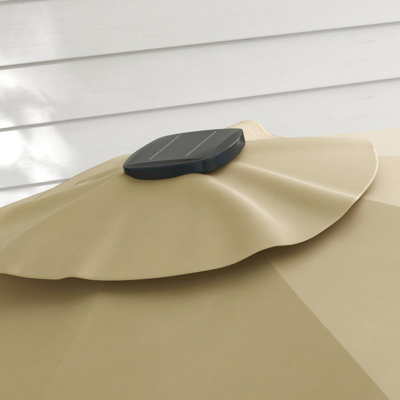 Khaki 3m Cantilever Garden Parasol With Base And Solar LED Lights For Outdoor Shade