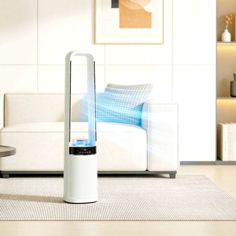 Oscillating Bladeless Tower Fan with Quiet Sleep Mode LED Lights and Remote Control for Bedrooms and Living Rooms, White