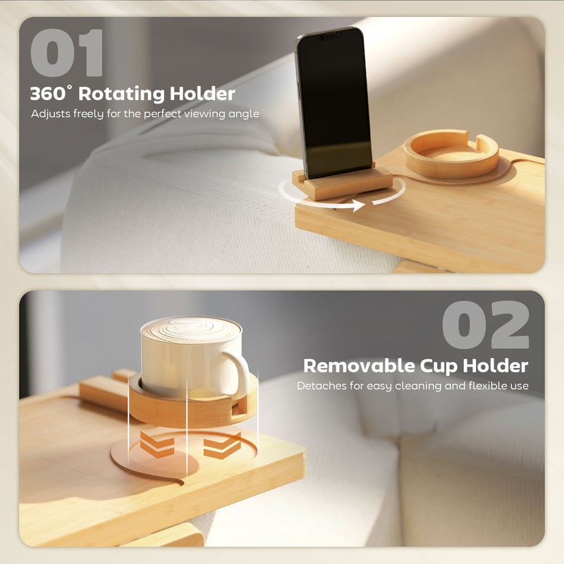 Sofa Arm Tray with Rotating Device Holder and Removable Cup Holder Bamboo Natural Wood