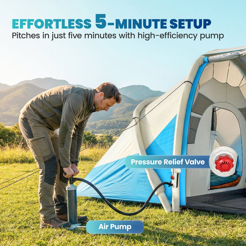 Inflatable Family Camping Tent with Quick 5 Minute Setup and Two Private Bedrooms Sky Blue
