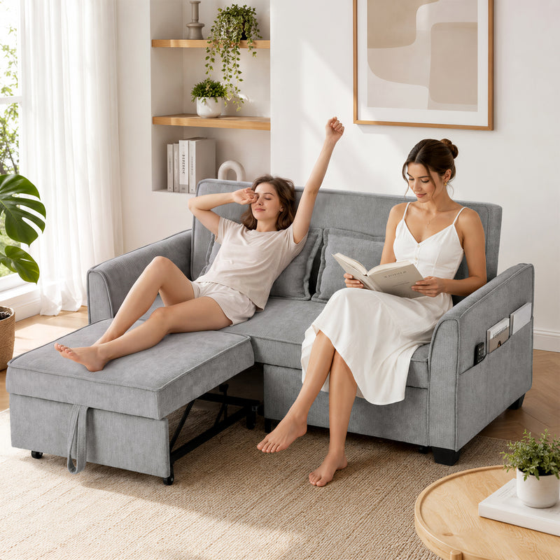4 in 1 Sofa Bed with Independent Pull Out Beds and Storage Pockets for Small Spaces Grey