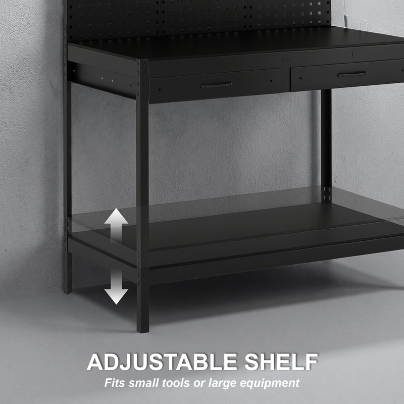 Workbench with Storage, LED Light and Power Outlets for Garage or Workshop Black AOSOM