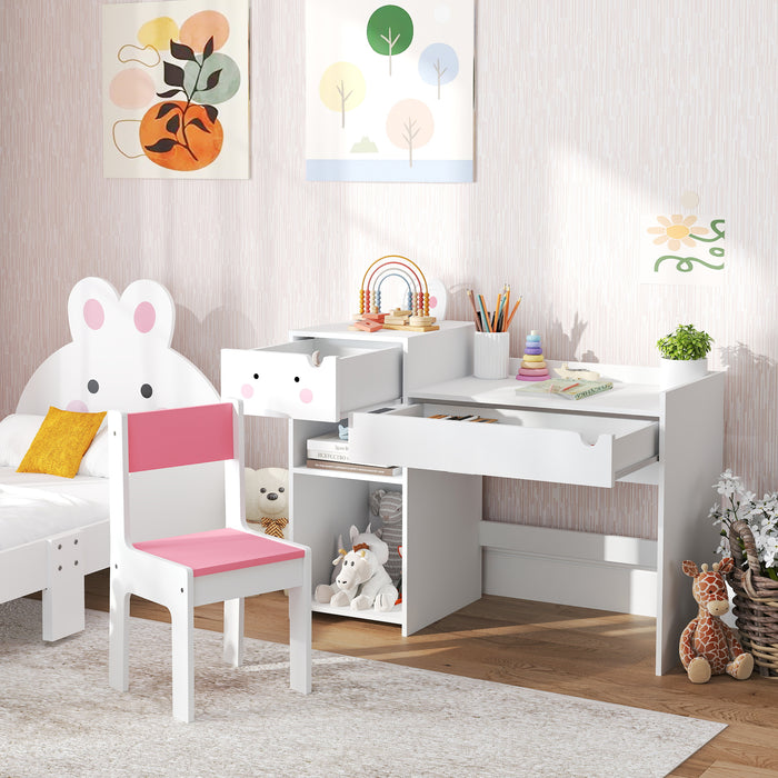 White Rabbit Themed Kids Desk and Chair Set with Storage for Ages 3-6 by AIYAPLAY