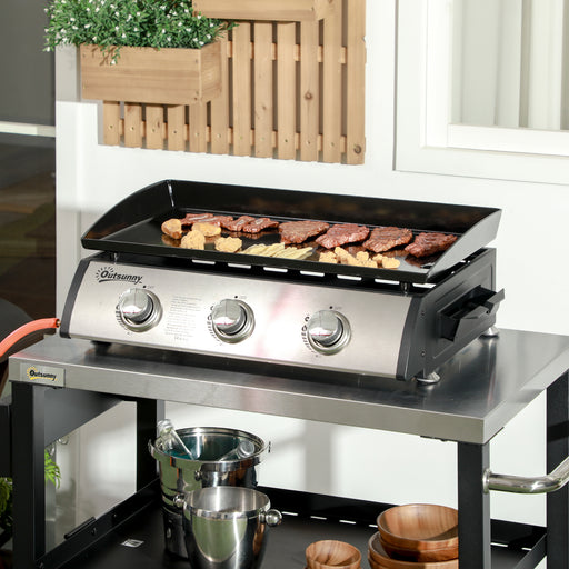 3 Burner Gas Plancha BBQ Grill with Lid for Outdoor Cooking and BBQs, Black