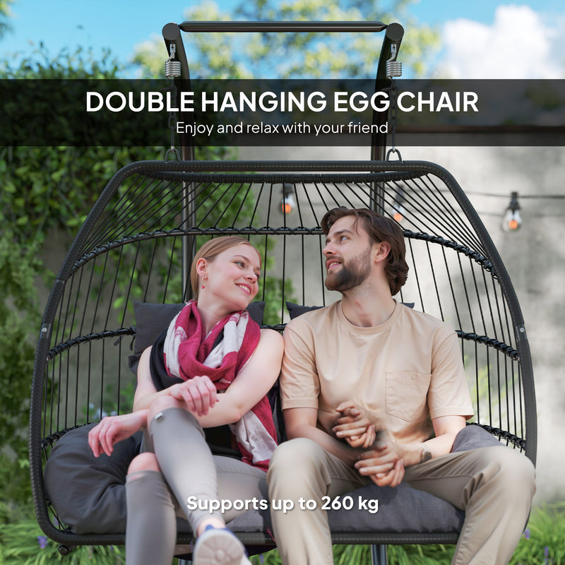 Dark Grey Rattan Double Hanging Egg Chair With Cushions And Stand For Garden by Outsunny