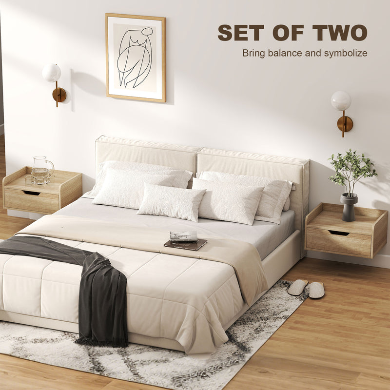 Floating Bedside Tables Set of 2 with Drawer and Shelf for Space Saving Storage Natural Wood AOSOM