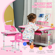 Adjustable Kids Study Desk and Chair Set with Storage and Drawer for Homework, Pink