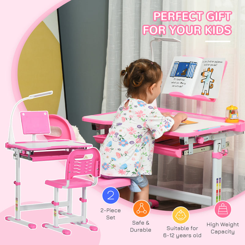 Adjustable Kids Study Desk and Chair Set with Storage and Drawer for Homework, Pink